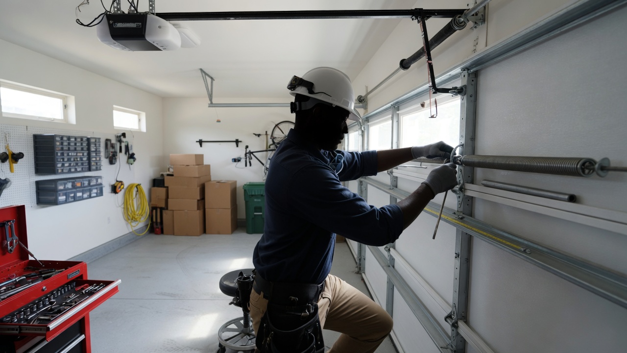Technician servicing residential garage door hardware