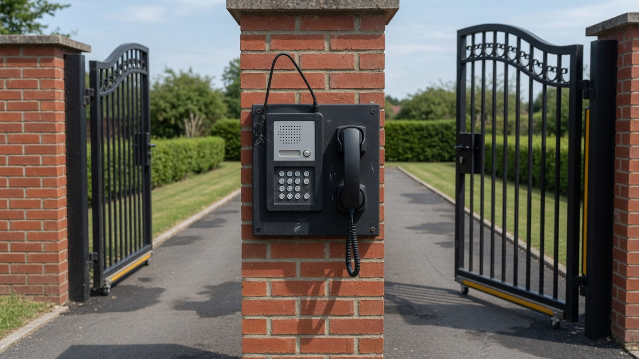 Driveway gate keypad and intercom on a brick column
