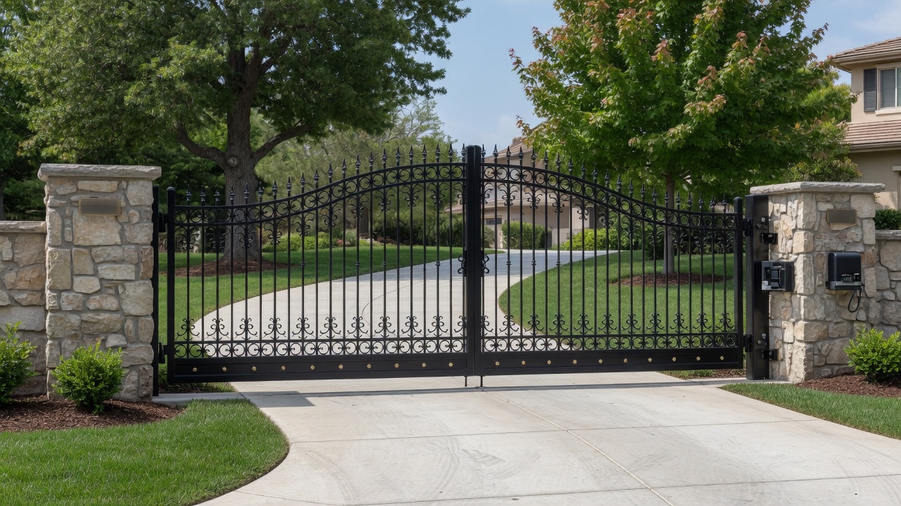 New ornamental driveway gate installed between stone pillars