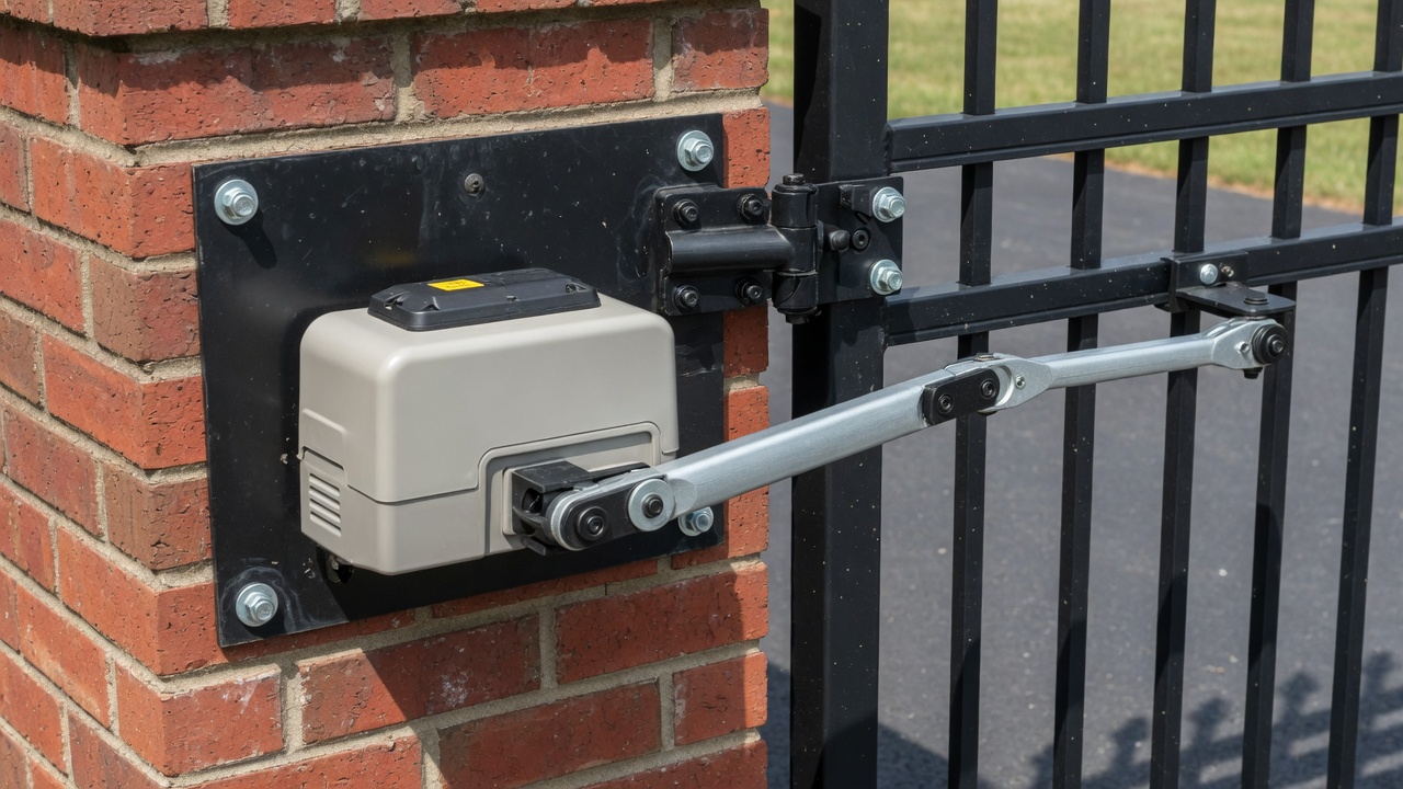 Automatic swing gate operator mounted on a brick pillar
