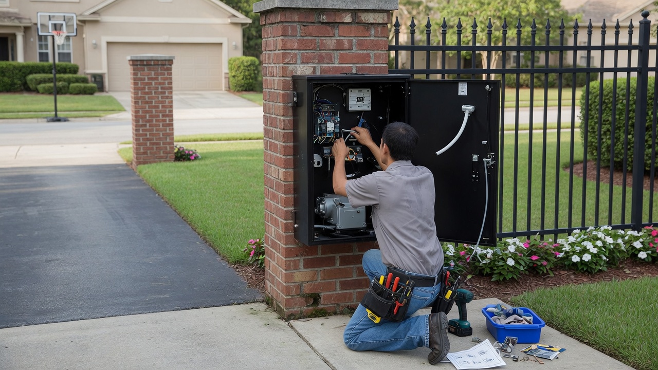 Technician servicing a residential driveway gate operator
