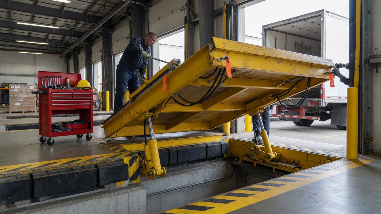 Hydraulic commercial dock leveler being serviced at a warehouse bay