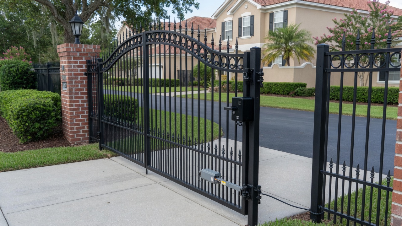 Residential driveway gate with automatic opener hardware