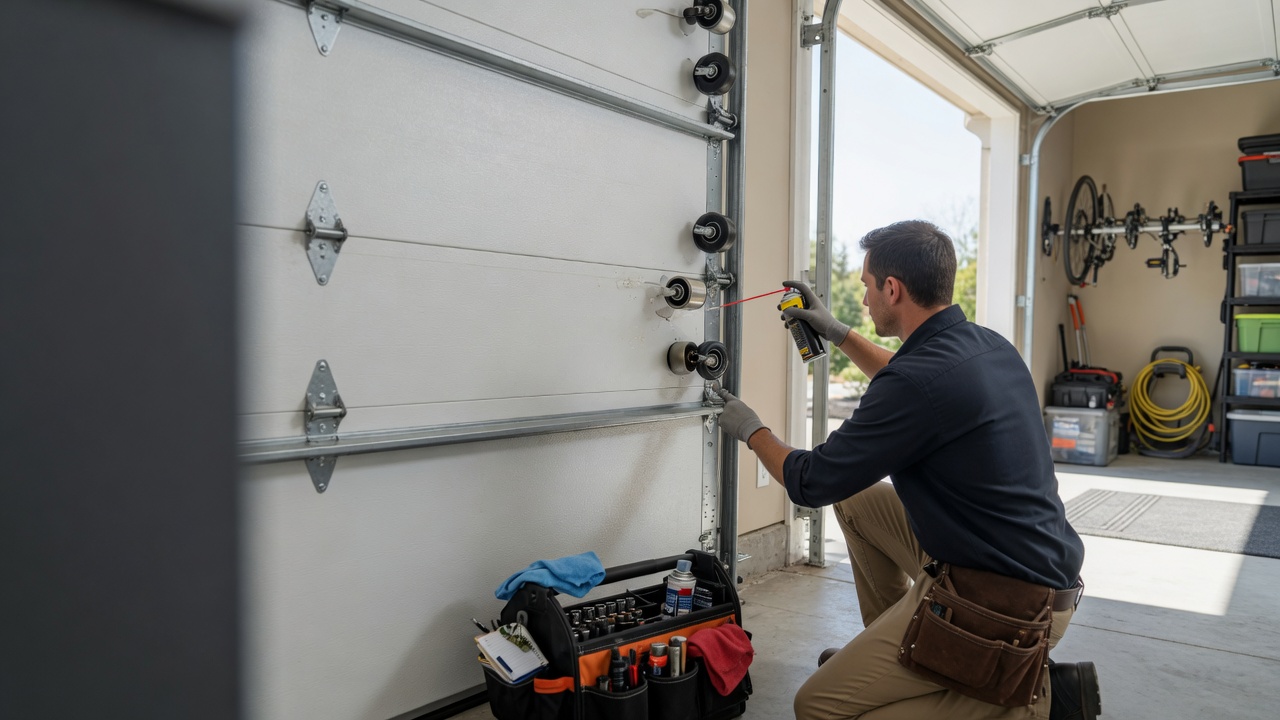 Technician lubricating garage door rollers during preventative maintenance
