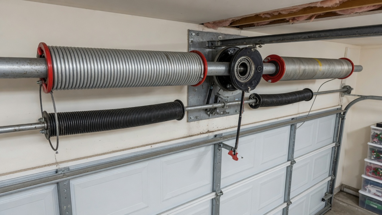 Garage door torsion springs on the shaft above a sectional door
